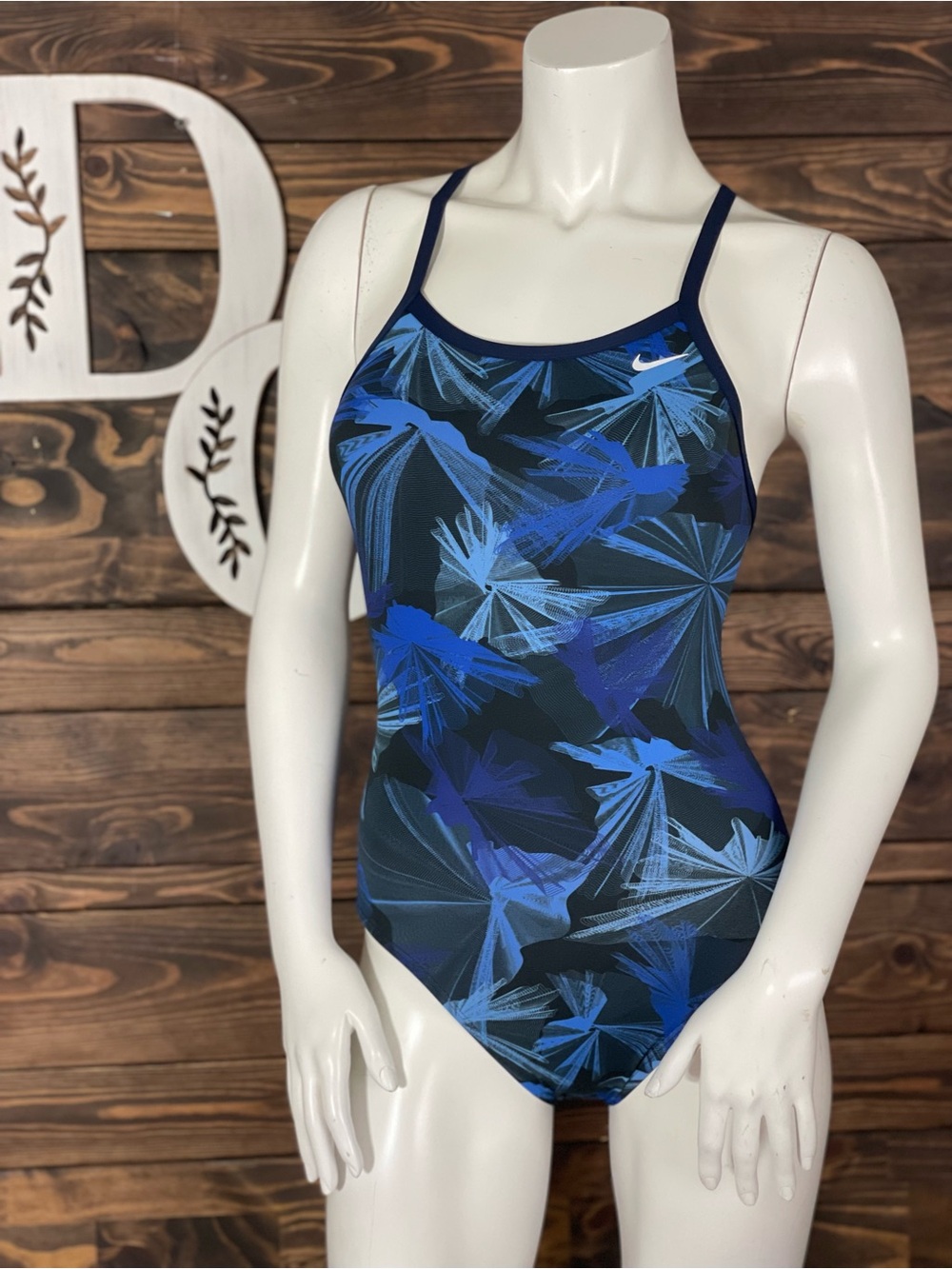 Nike | Navy & Royal Blue Starburst Crystal Abstract One-Piece Swimsuit Open Back